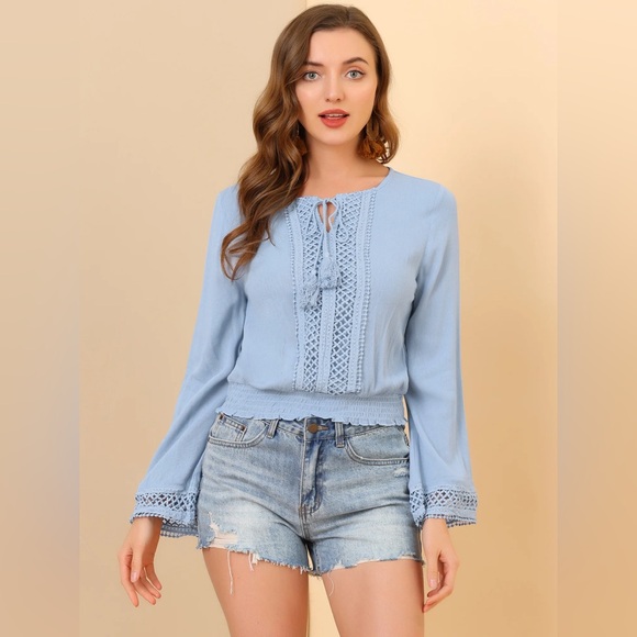 Allegra K Boho Beach Blouse Bell Sleeve Lace Trim Tie Neck Peasant Smocked Top - Picture 1 of 7